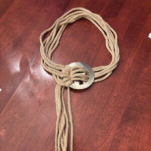 Woven Taupe Hemp Belt with Artistic Metal Buckle, Adjustable to size.